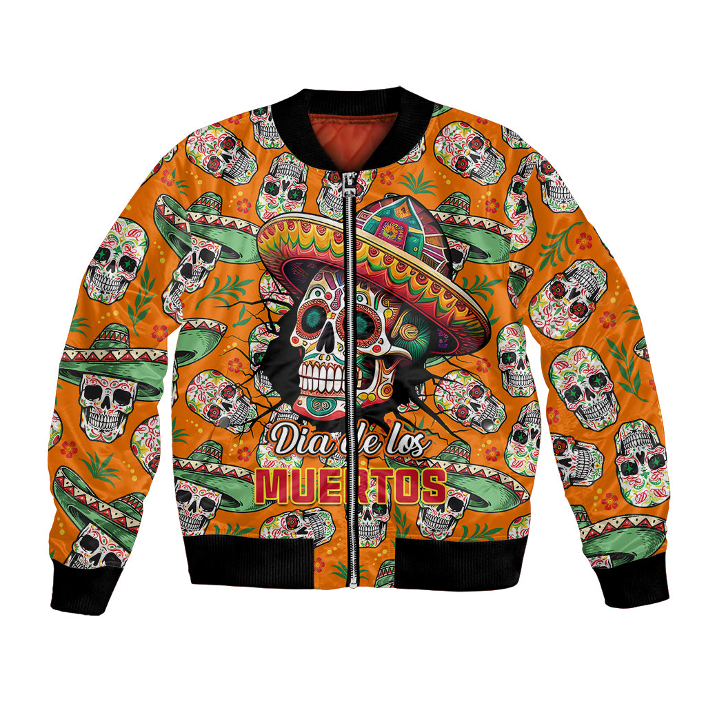 Orange bomber jacket with full skull and Dia de los Muertos graphic, zip front, ribbed cuffs