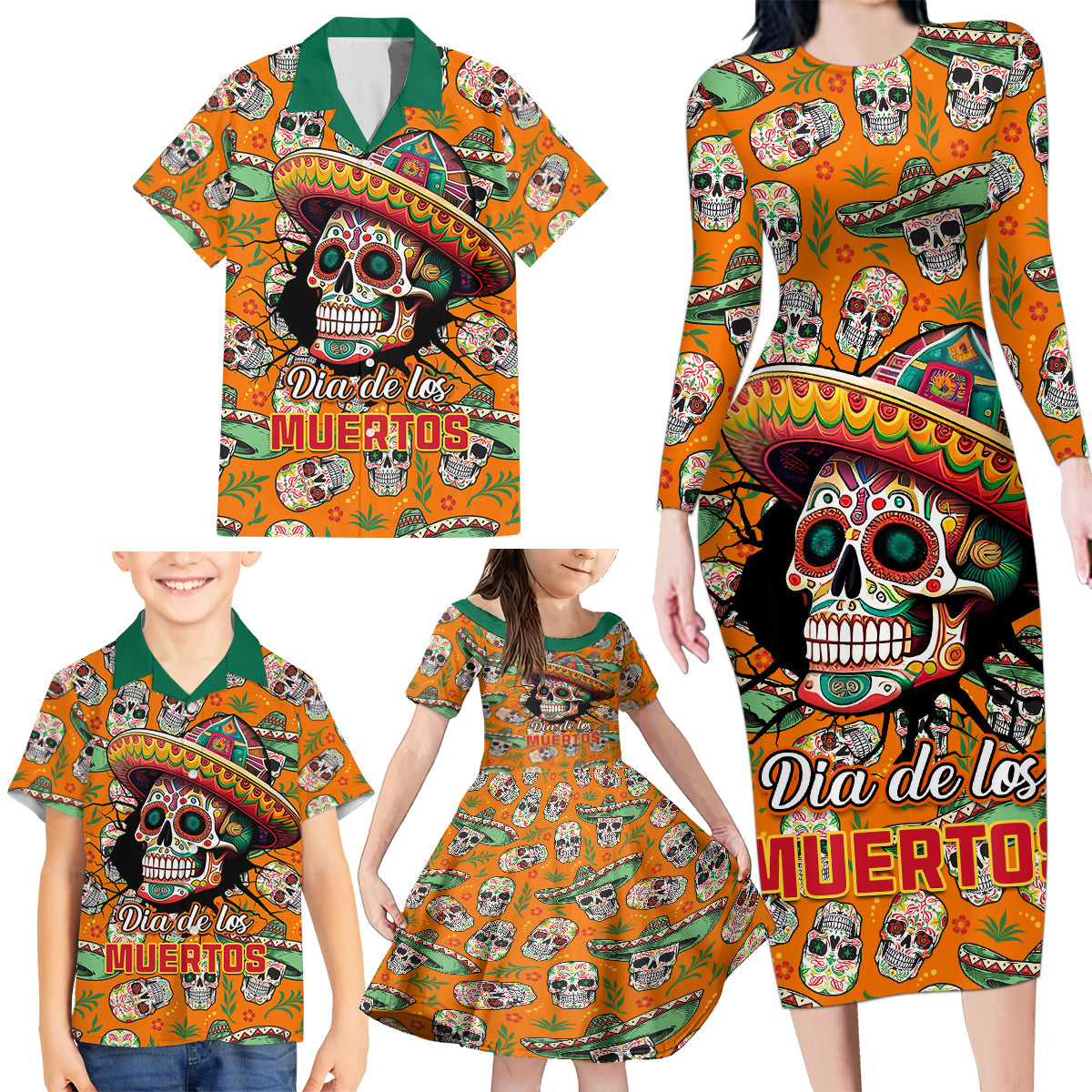 personalised-day-of-the-dead-family-matching-long-sleeve-bodycon-dress-and-hawaiian-shirt-sugar-skull-dia-de-los-muertos