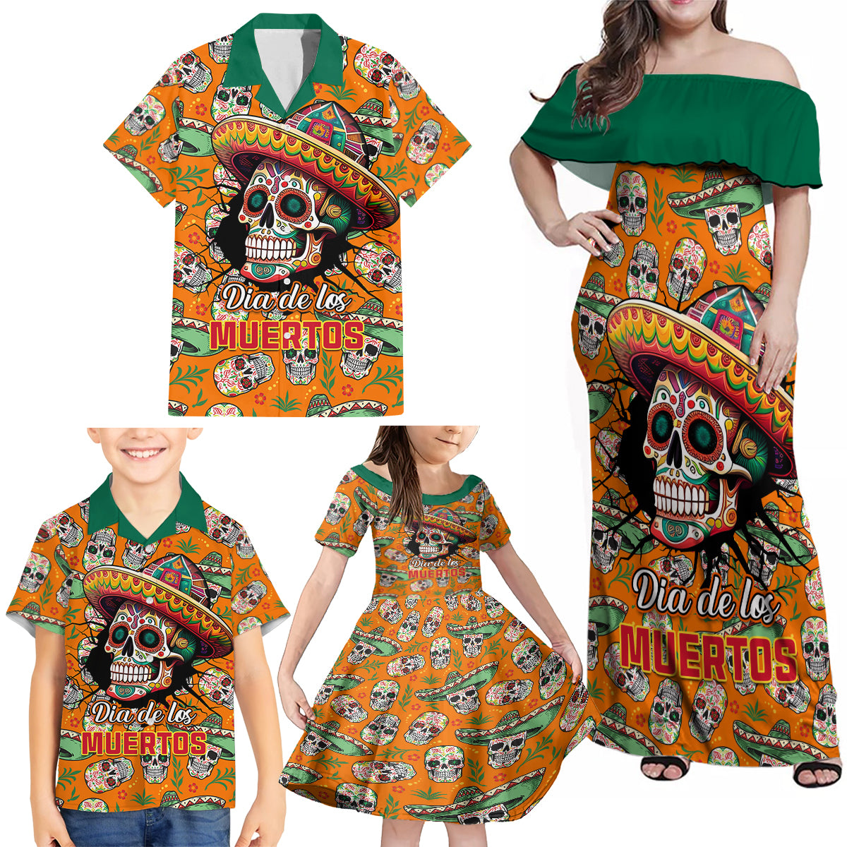 personalised-day-of-the-dead-family-matching-off-shoulder-maxi-dress-and-hawaiian-shirt-sugar-skull-dia-de-los-muertos