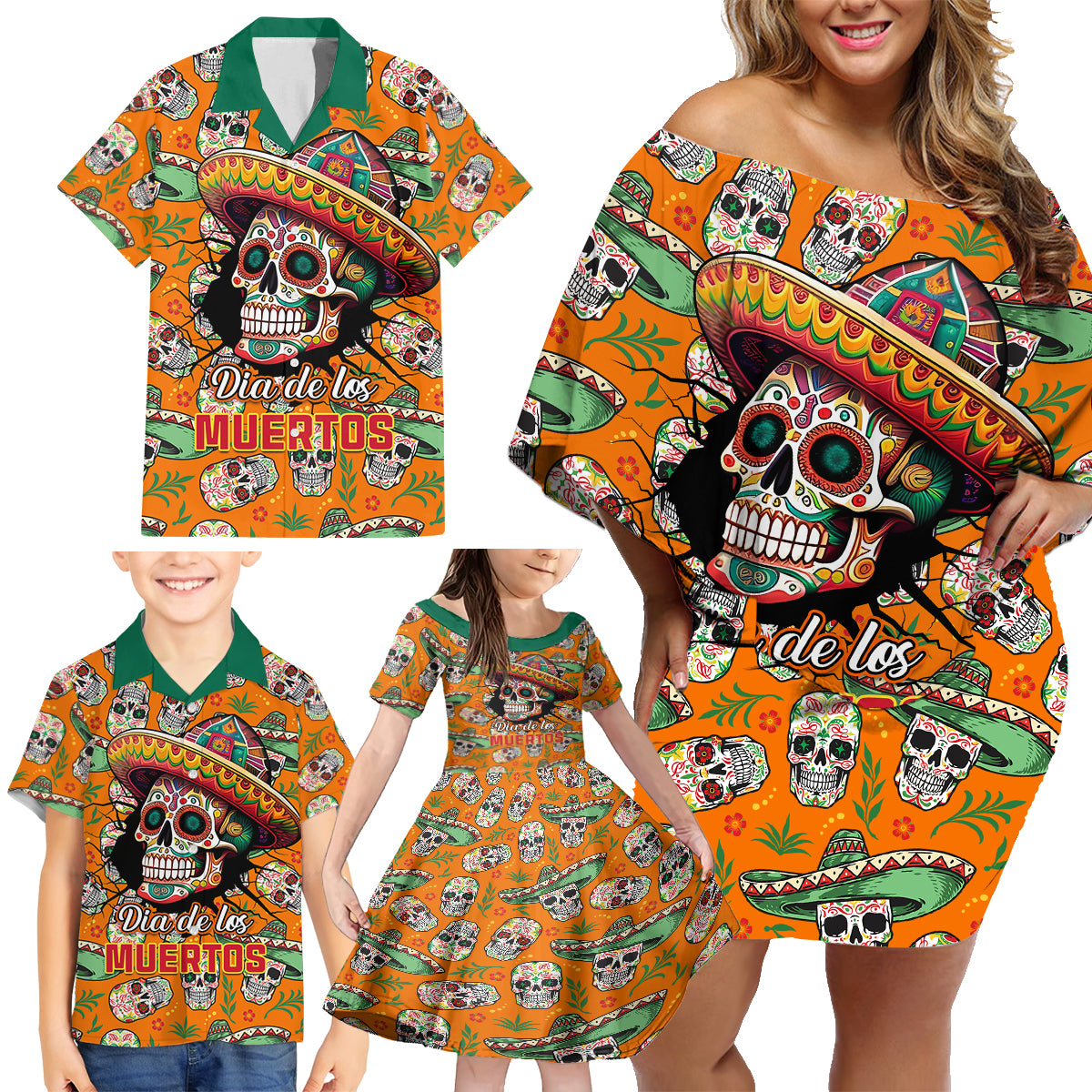 personalised-day-of-the-dead-family-matching-off-shoulder-short-dress-and-hawaiian-shirt-sugar-skull-dia-de-los-muertos