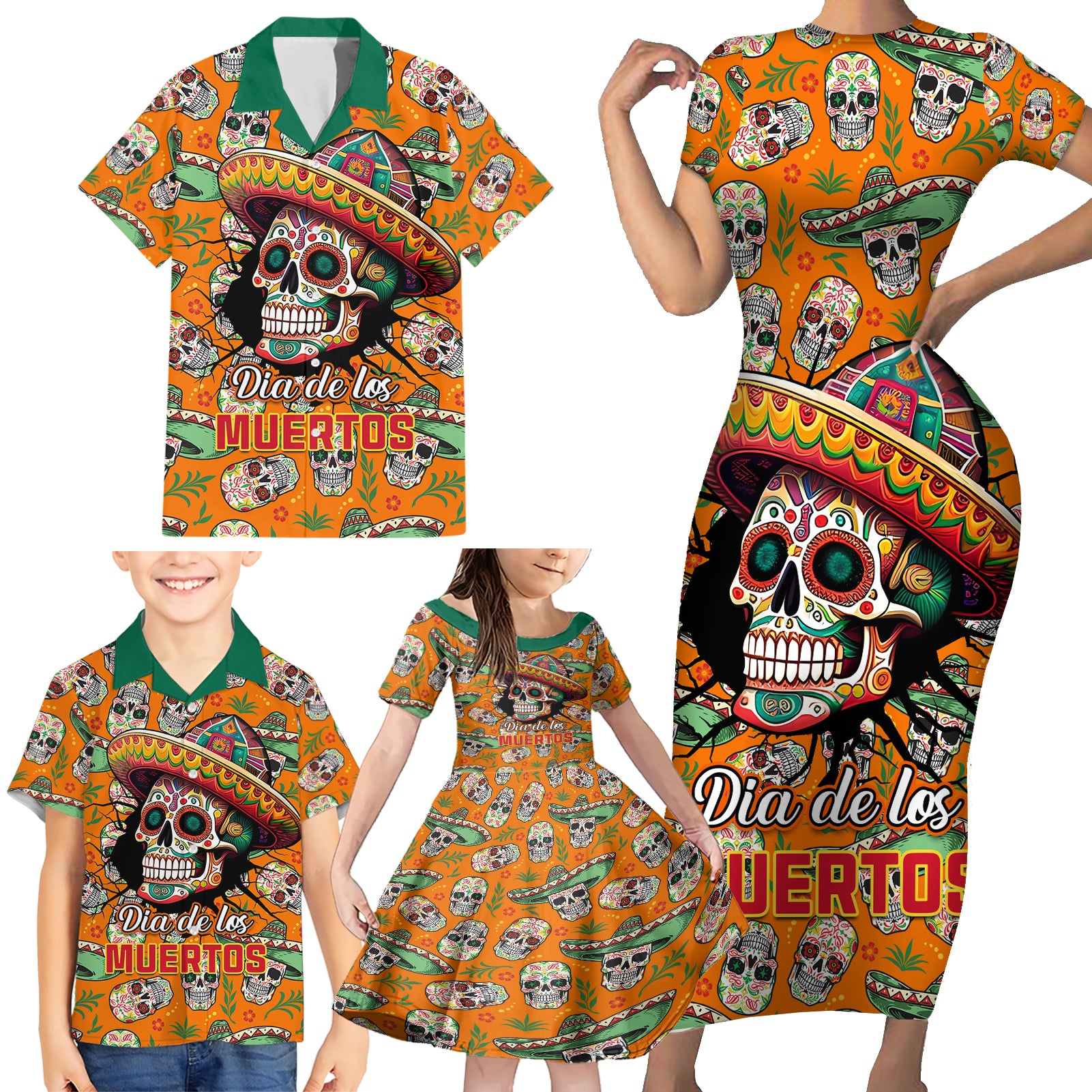 personalised-day-of-the-dead-family-matching-short-sleeve-bodycon-dress-and-hawaiian-shirt-sugar-skull-dia-de-los-muertos