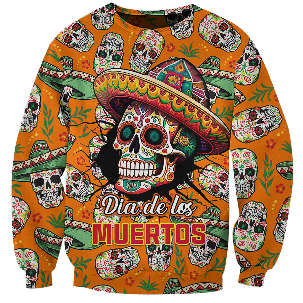 Orange unisex sweatshirt with Day of the Dead skulls and 'Dia de los Muertos' print