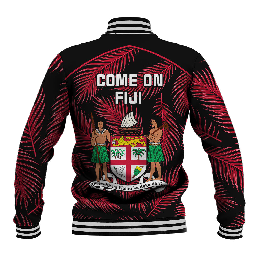 Fiji rugby baseball jacket, black with red palm print back graphic, 'COME ON FIJI'