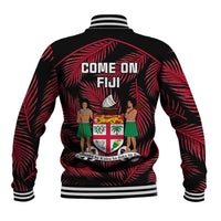 Fiji rugby baseball jacket, black with red palm print back graphic, 'COME ON FIJI'