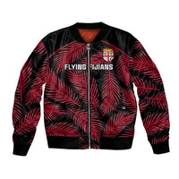 Black bomber jacket with red palm leaf print, zip front, team crest on chest