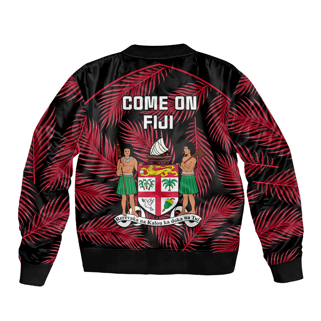Black bomber jacket with red palm leaf print, COME ON FIJI back graphic, ribbed hem