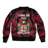 Black bomber jacket with red palm leaf print, COME ON FIJI back graphic, ribbed hem
