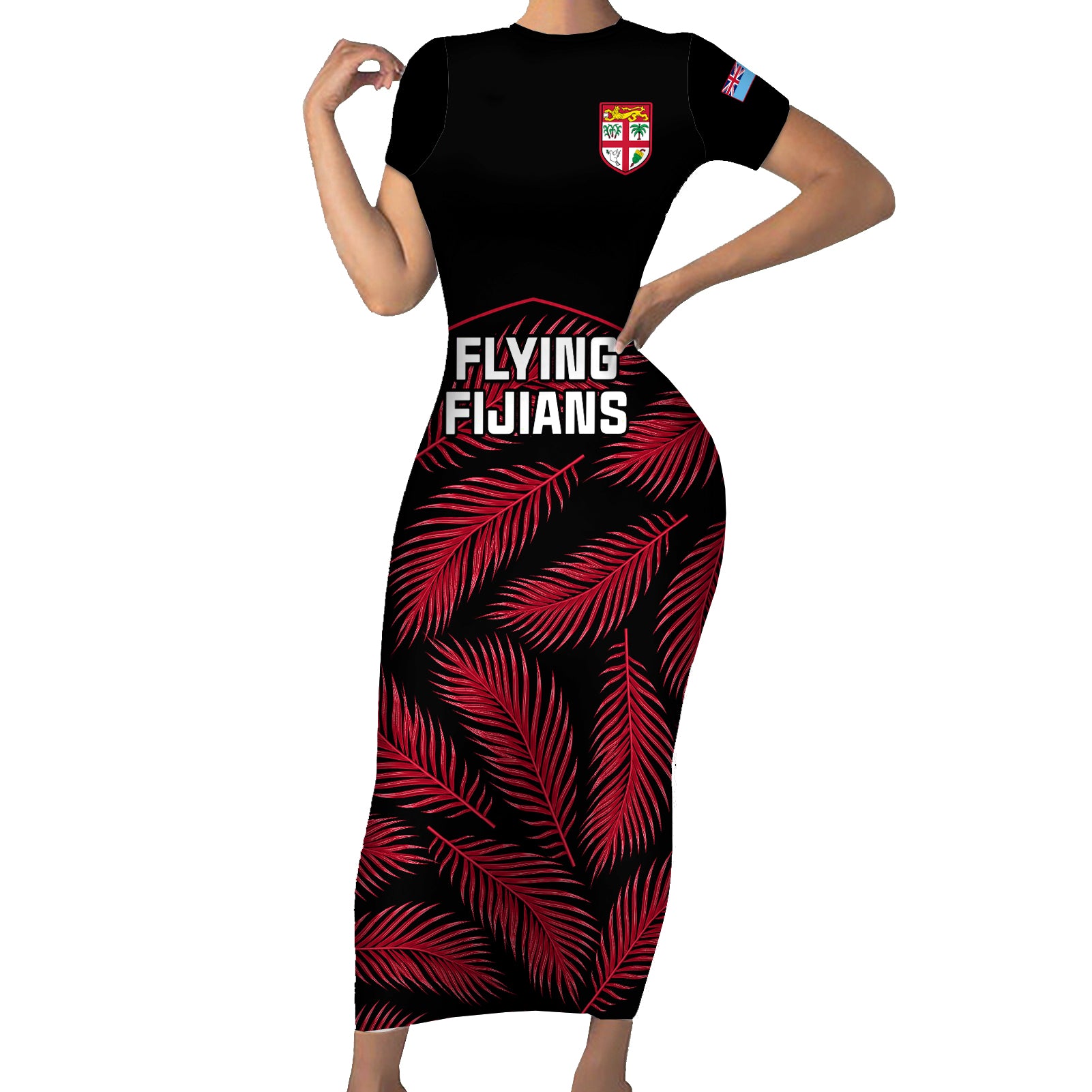 Fiji Rugby Short Sleeve Bodycon Dress Flying Fijians Red Palm Tree Version - Wonder Print Shop