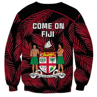 Black rugby sweatshirt with red palm leaves and 'COME ON FIJI' back graphic