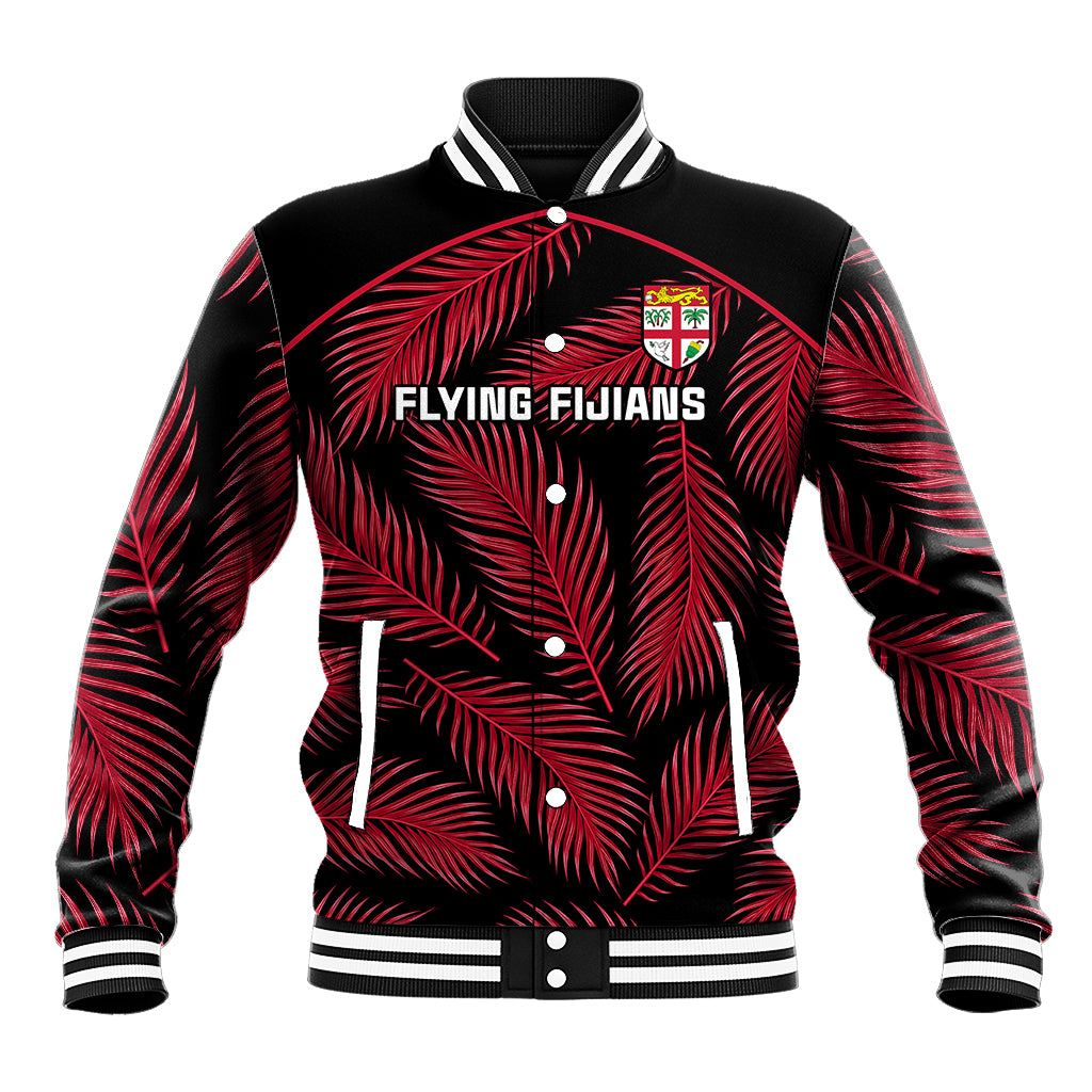 Black baseball jacket with red palm leaf print, front logo, snap buttons, striped cuffs