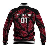 Black baseball jacket with red palm leaf print, back text 'YOUR TEXT 01', striped collar and hem