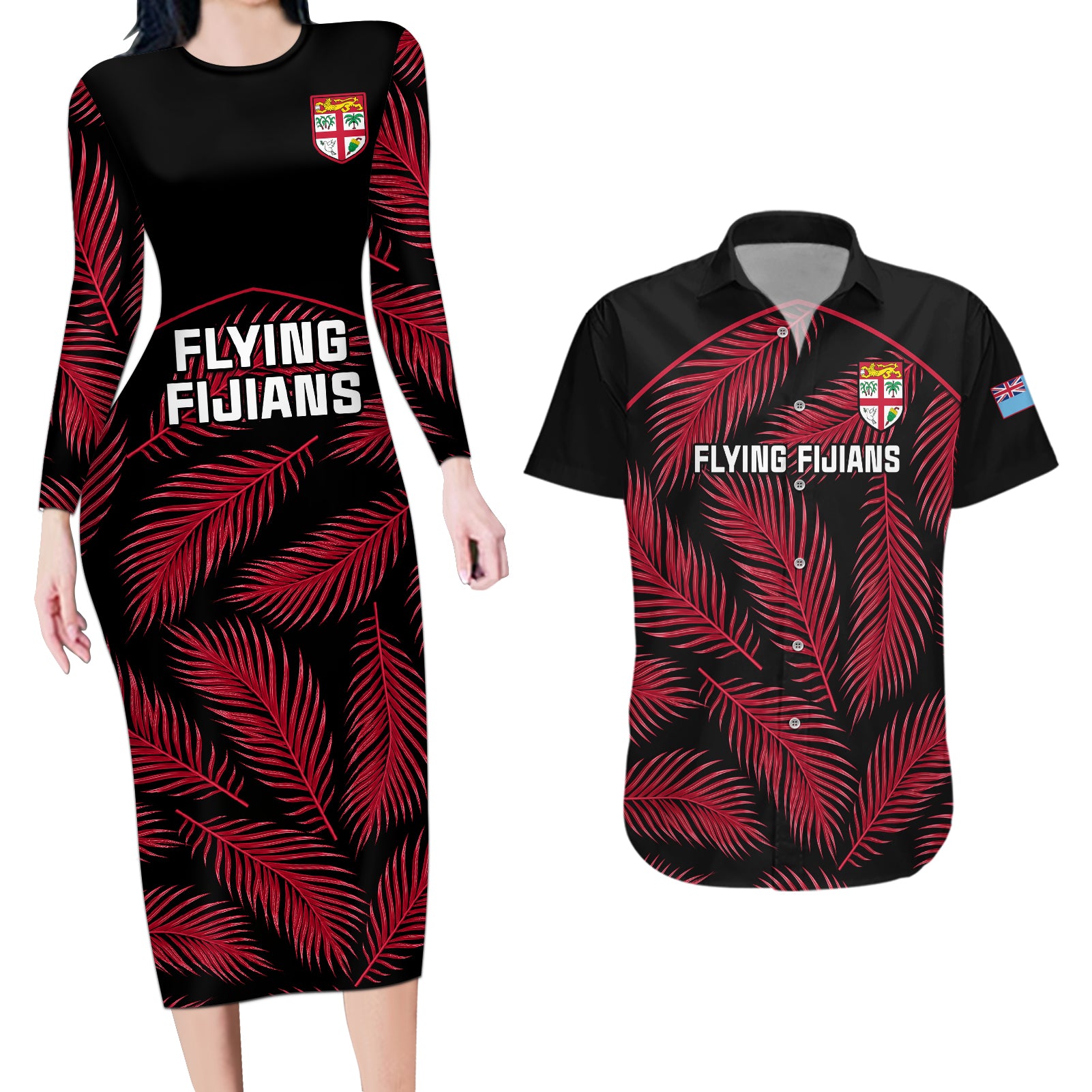 Custom Fiji Rugby Couples Matching Long Sleeve Bodycon Dress and Hawaiian Shirt Flying Fijians Red Palm Tree Version - Wonder Print Shop