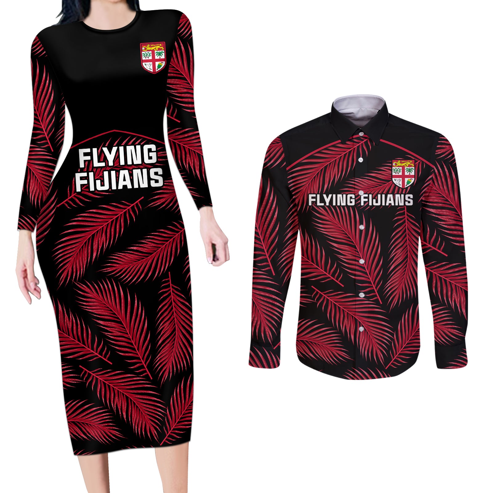 Custom Fiji Rugby Couples Matching Long Sleeve Bodycon Dress and Long Sleeve Button Shirts Flying Fijians Red Palm Tree Version - Wonder Print Shop