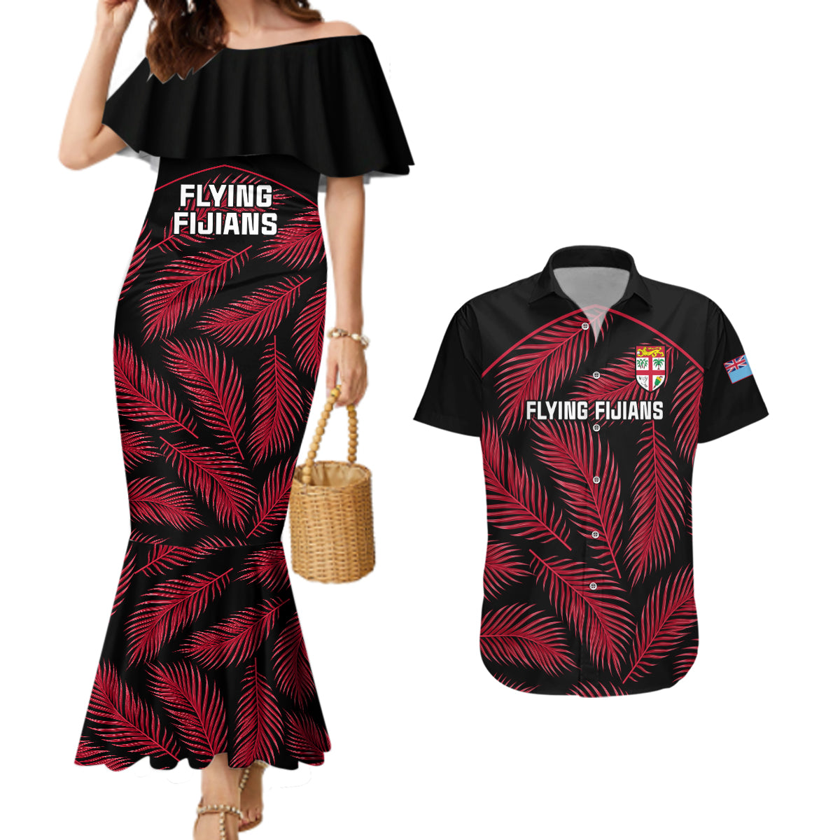 Custom Fiji Rugby Couples Matching Mermaid Dress and Hawaiian Shirt Flying Fijians Red Palm Tree Version - Wonder Print Shop