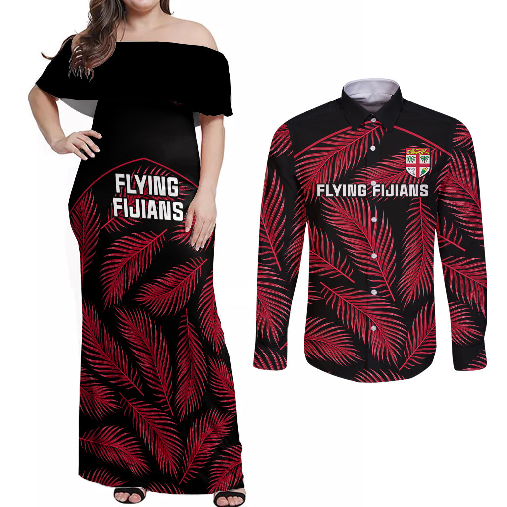 Custom Fiji Rugby Couples Matching Off Shoulder Maxi Dress and Long Sleeve Button Shirts Flying Fijians Red Palm Tree Version - Wonder Print Shop