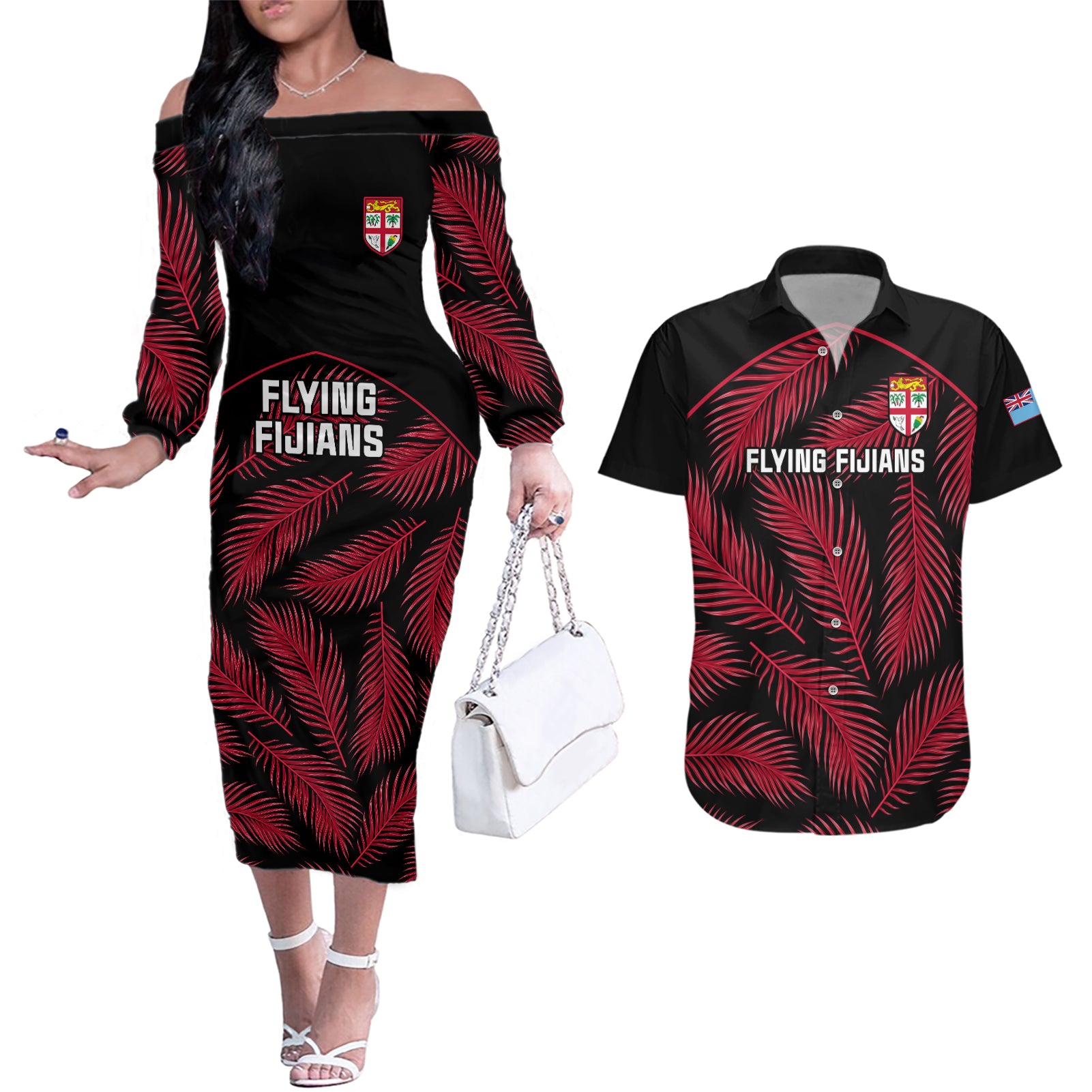 Custom Fiji Rugby Couples Matching Off The Shoulder Long Sleeve Dress and Hawaiian Shirt Flying Fijians Red Palm Tree Version - Wonder Print Shop