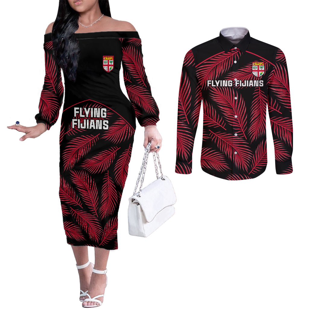 custom-fiji-rugby-couples-matching-off-the-shoulder-long-sleeve-dress-and-long-sleeve-button-shirts-flying-fijians-red-palm-tree-version