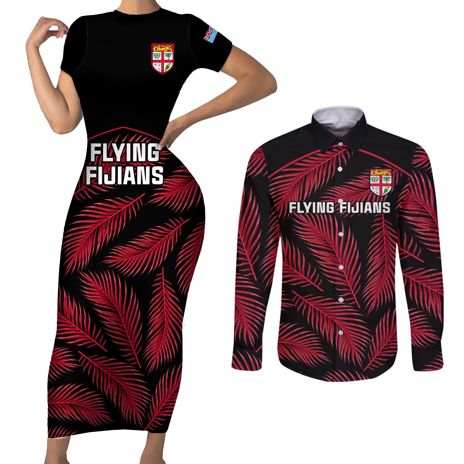 Custom Fiji Rugby Couples Matching Short Sleeve Bodycon Dress and Long Sleeve Button Shirts Flying Fijians Red Palm Tree Version - Wonder Print Shop