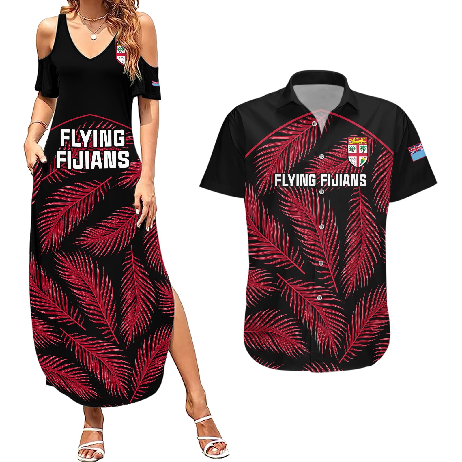 Custom Fiji Rugby Couples Matching Summer Maxi Dress and Hawaiian Shirt Flying Fijians Red Palm Tree Version - Wonder Print Shop