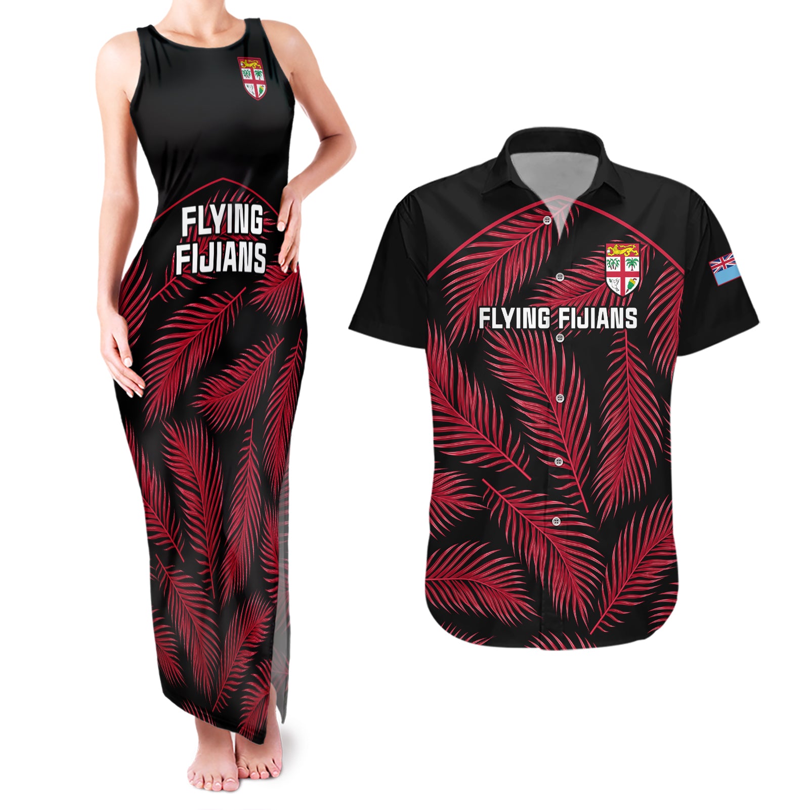 Custom Fiji Rugby Couples Matching Tank Maxi Dress and Hawaiian Shirt Flying Fijians Red Palm Tree Version - Wonder Print Shop