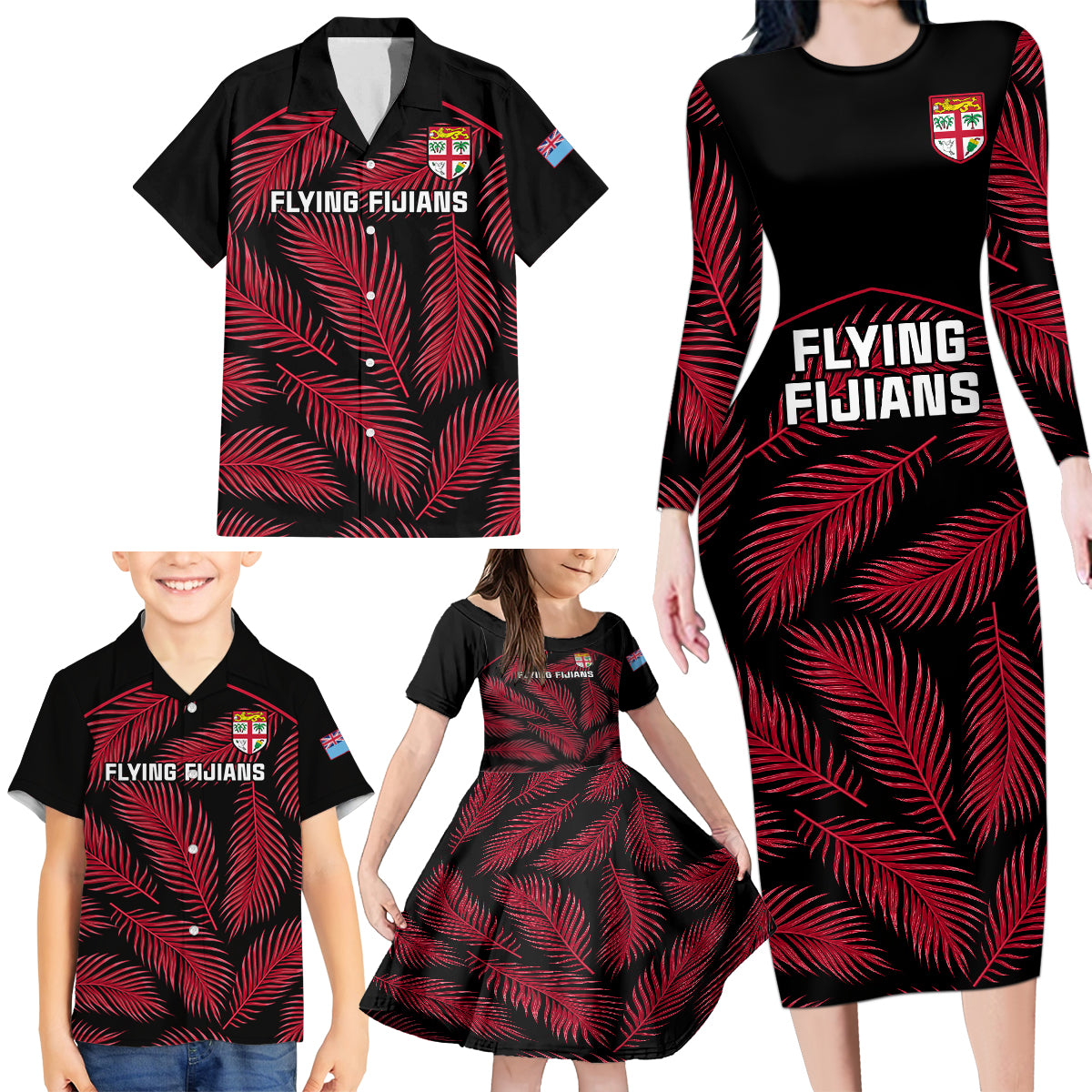 Custom Fiji Rugby Family Matching Long Sleeve Bodycon Dress and Hawaiian Shirt Flying Fijians Red Palm Tree Version - Wonder Print Shop