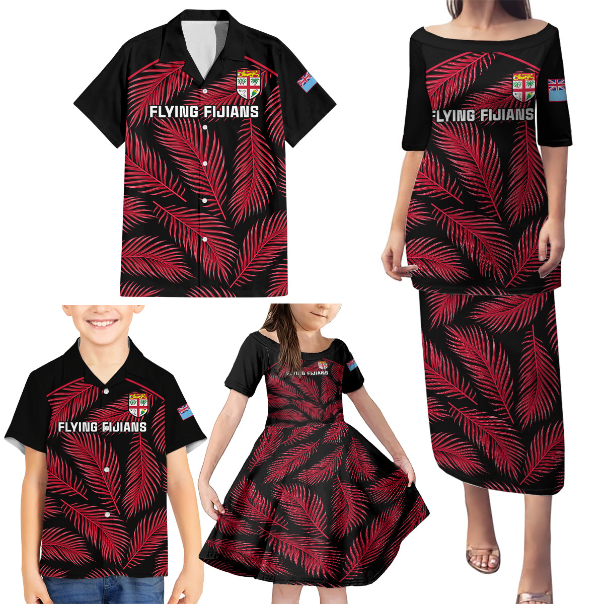 Custom Fiji Rugby Family Matching Puletasi Dress and Hawaiian Shirt Flying Fijians Red Palm Tree Version - Wonder Print Shop