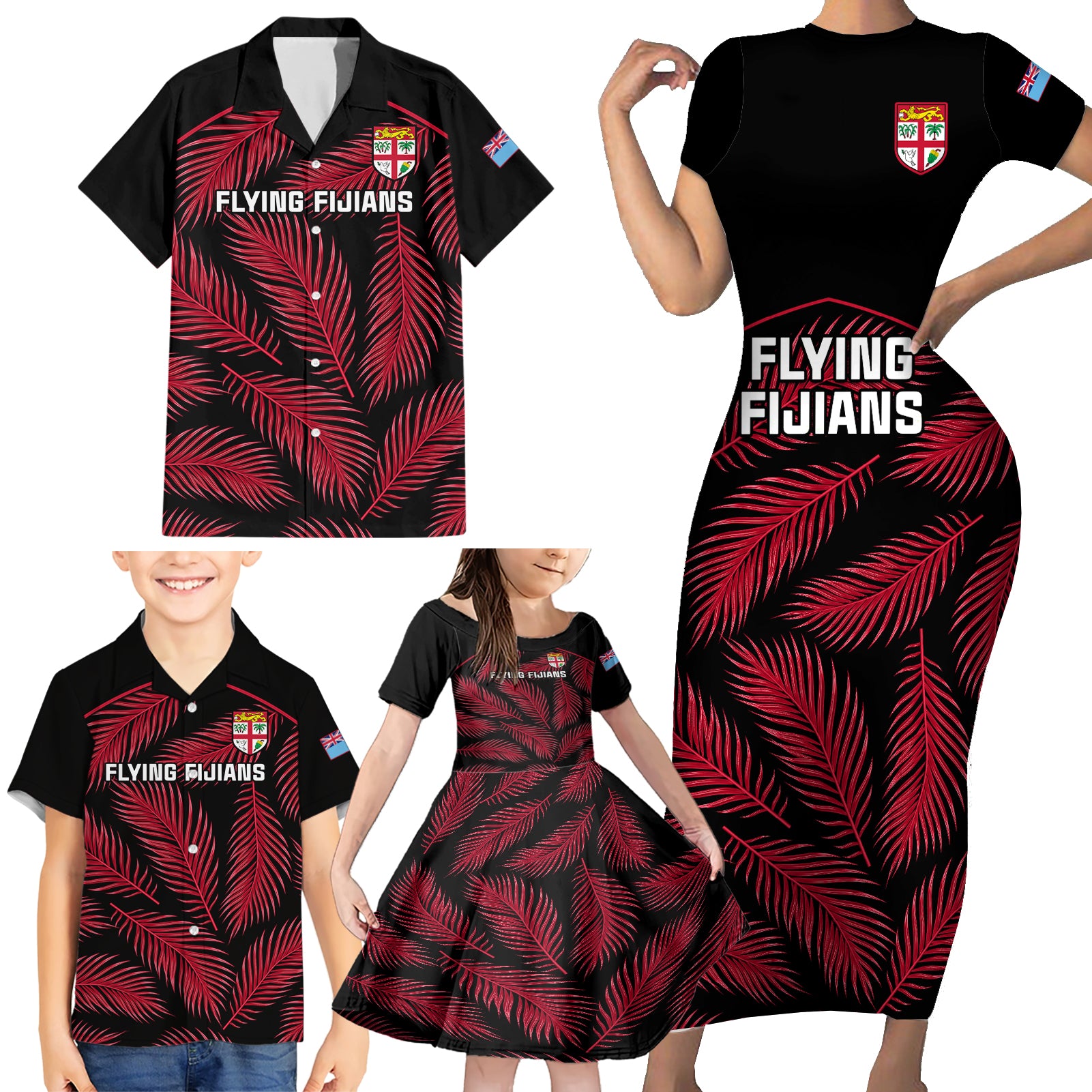 Custom Fiji Rugby Family Matching Short Sleeve Bodycon Dress and Hawaiian Shirt Flying Fijians Red Palm Tree Version - Wonder Print Shop