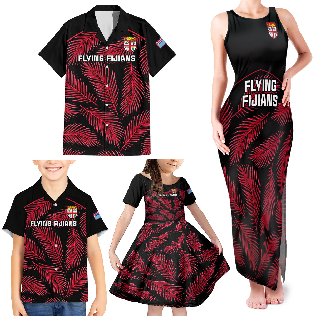 Custom Fiji Rugby Family Matching Tank Maxi Dress and Hawaiian Shirt Flying Fijians Red Palm Tree Version - Wonder Print Shop