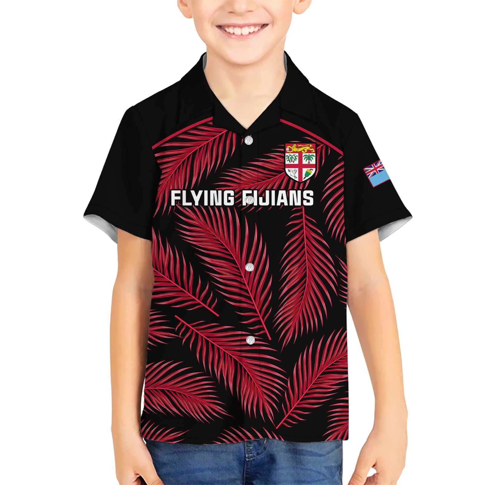 Custom Fiji Rugby Kid Hawaiian Shirt Flying Fijians Red Palm Tree Version - Wonder Print Shop