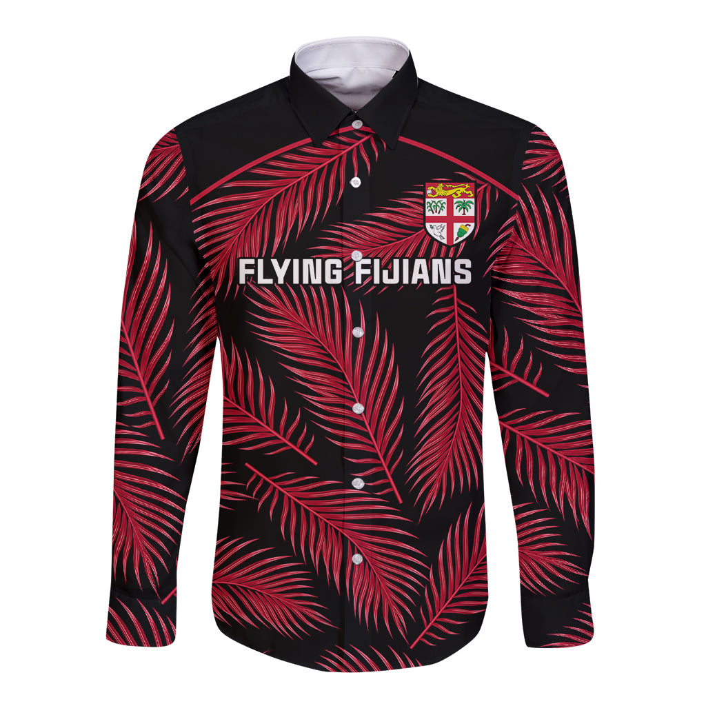 Custom Fiji Rugby Long Sleeve Button Shirt Flying Fijians Red Palm Tree Version - Wonder Print Shop