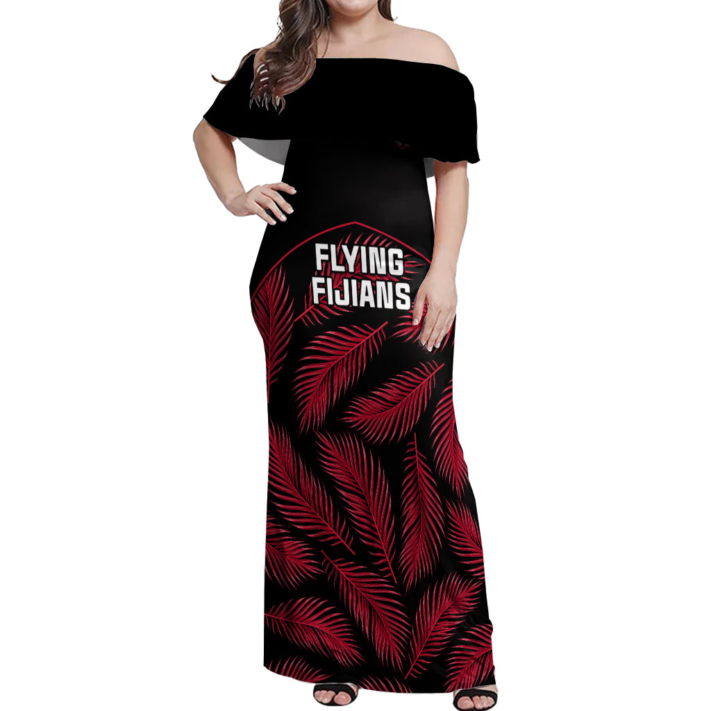 Custom Fiji Rugby Off Shoulder Maxi Dress Flying Fijians Red Palm Tree Version - Wonder Print Shop