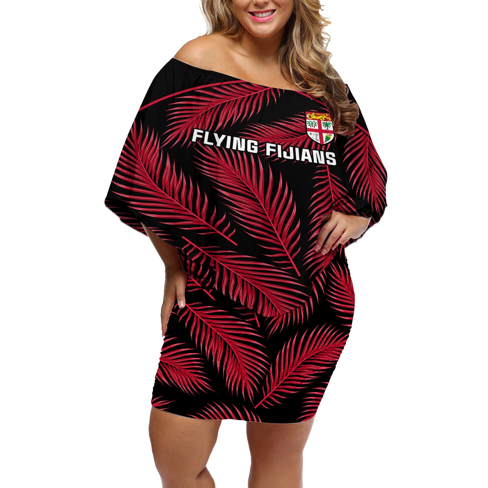 Custom Fiji Rugby Off Shoulder Short Dress Flying Fijians Red Palm Tree Version - Wonder Print Shop