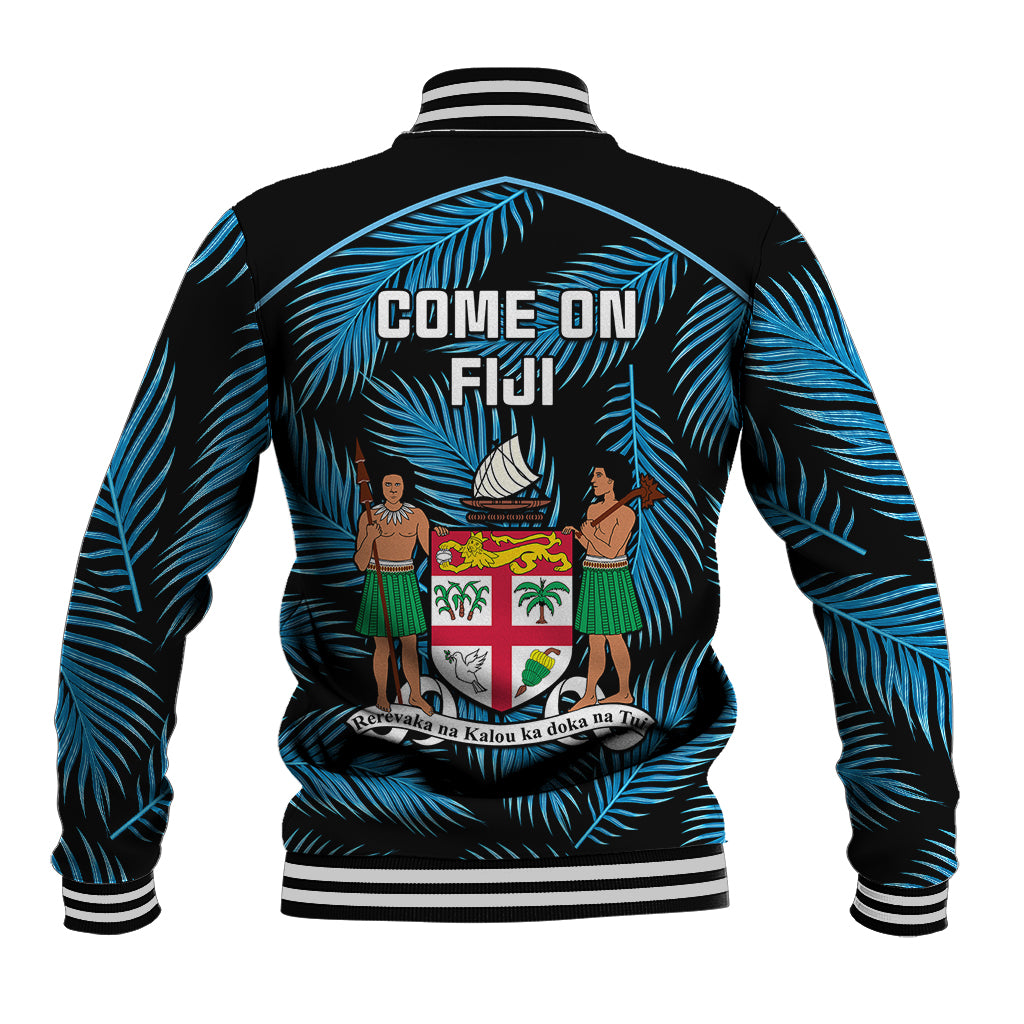Black baseball jacket with blue palm print, back graphic text 'COME ON FIJI'