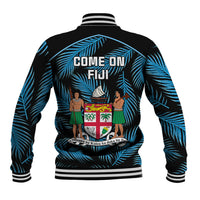 Black baseball jacket with blue palm print, back graphic text 'COME ON FIJI'