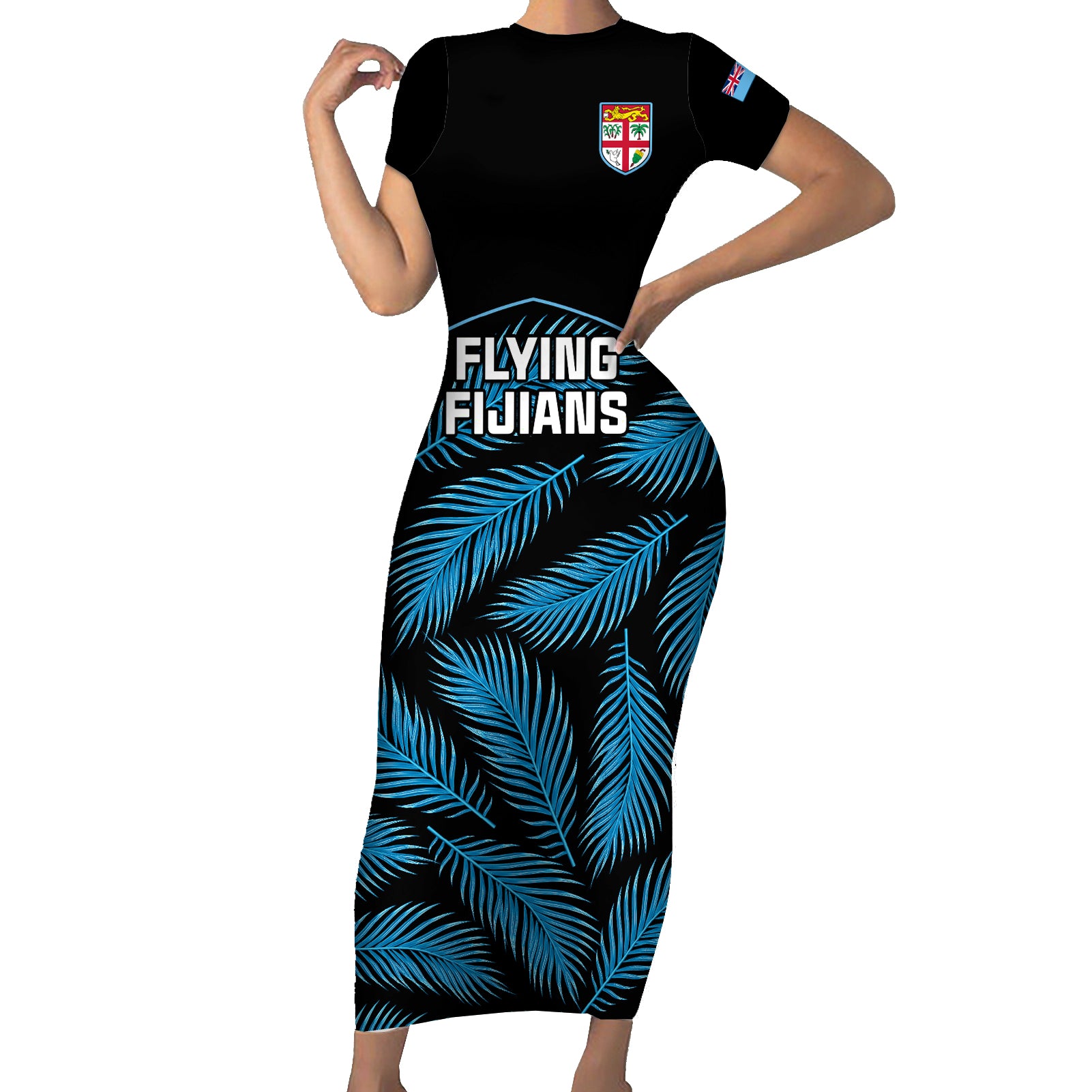 Fiji Rugby Short Sleeve Bodycon Dress Flying Fijians Blue Palm Tree Version - Wonder Print Shop