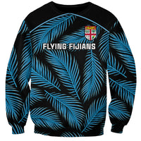 Black rugby sweatshirt with blue palm leaf graphic and Flying Fijians logo on front