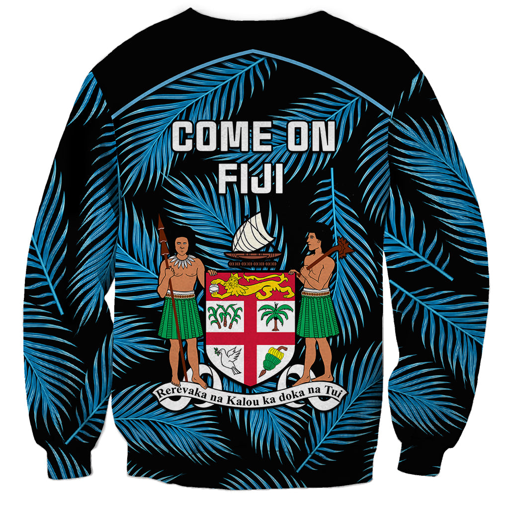 Black rugby sweatshirt with blue tropical scene and "COME ON FIJI" print on back