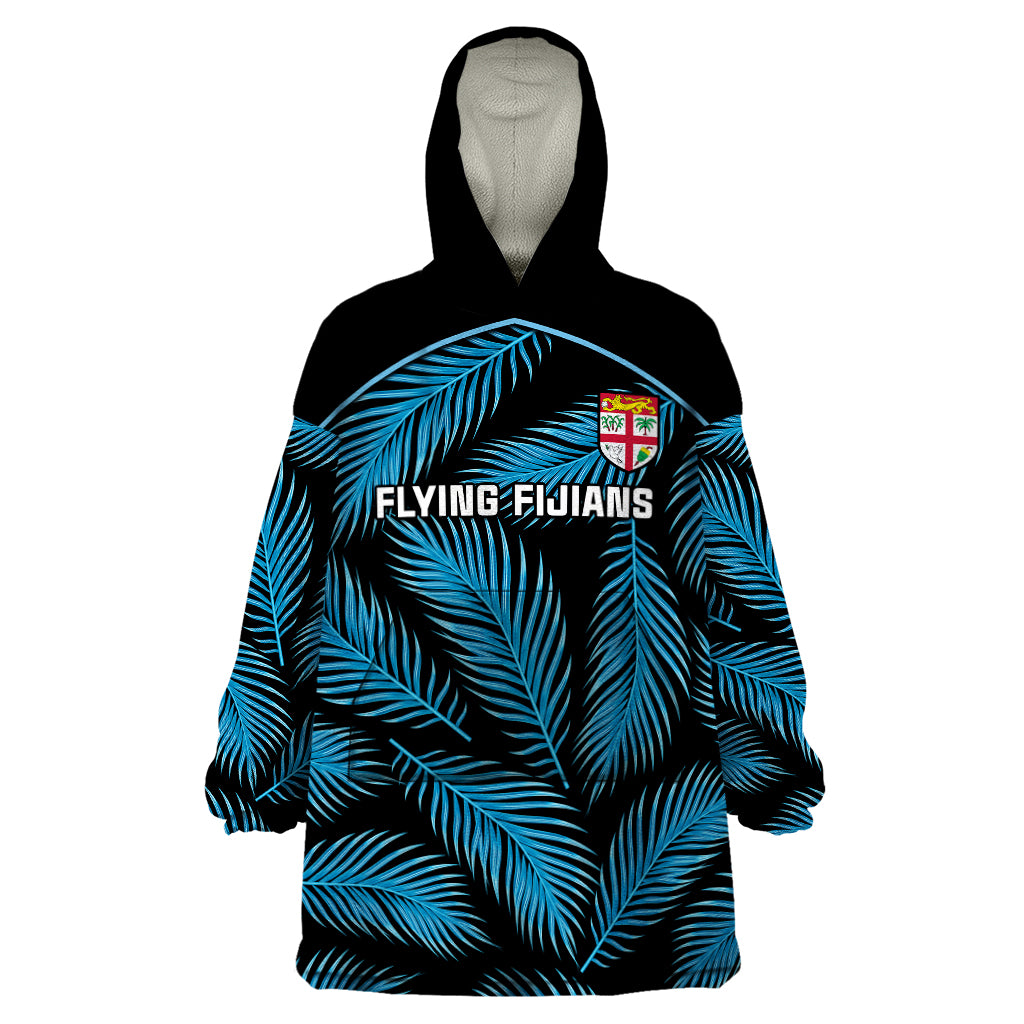 Fiji Rugby Wearable Blanket Hoodie Flying Fijians Blue Palm Tree Version - Wonder Print Shop