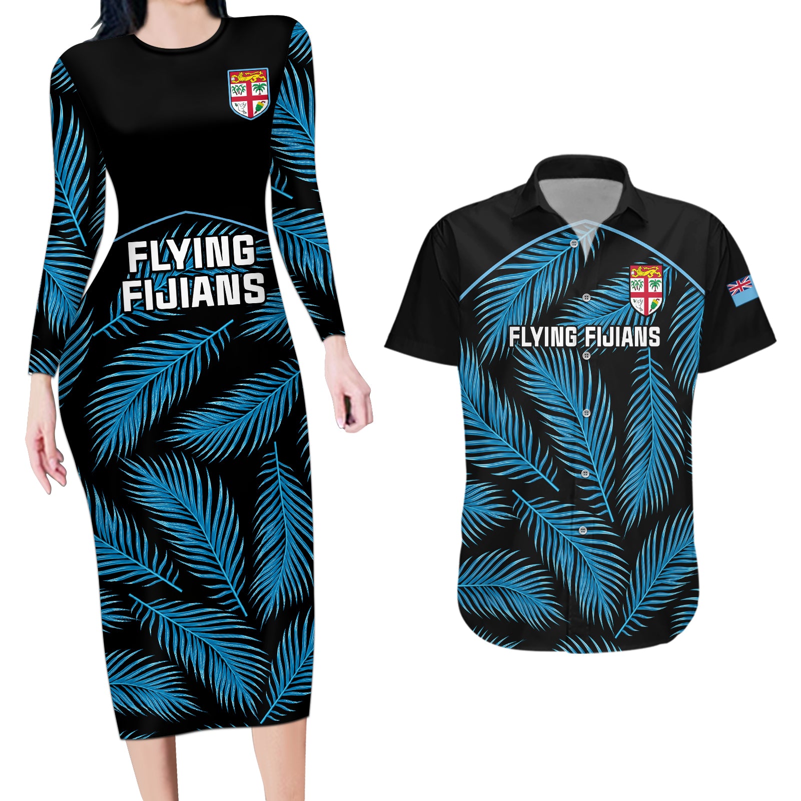 Custom Fiji Rugby Couples Matching Long Sleeve Bodycon Dress and Hawaiian Shirt Flying Fijians Blue Palm Tree Version - Wonder Print Shop