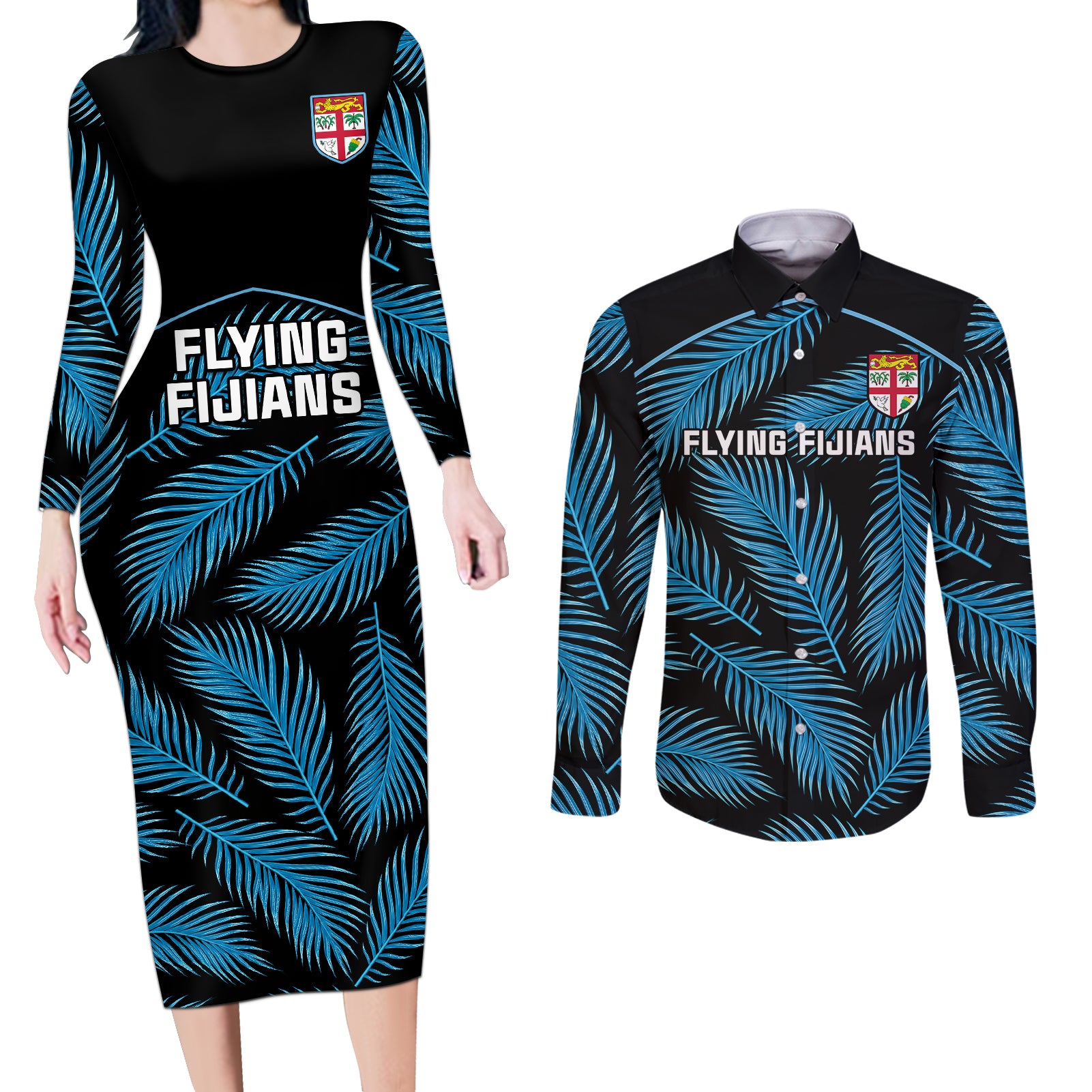 Custom Fiji Rugby Couples Matching Long Sleeve Bodycon Dress and Long Sleeve Button Shirts Flying Fijians Blue Palm Tree Version - Wonder Print Shop