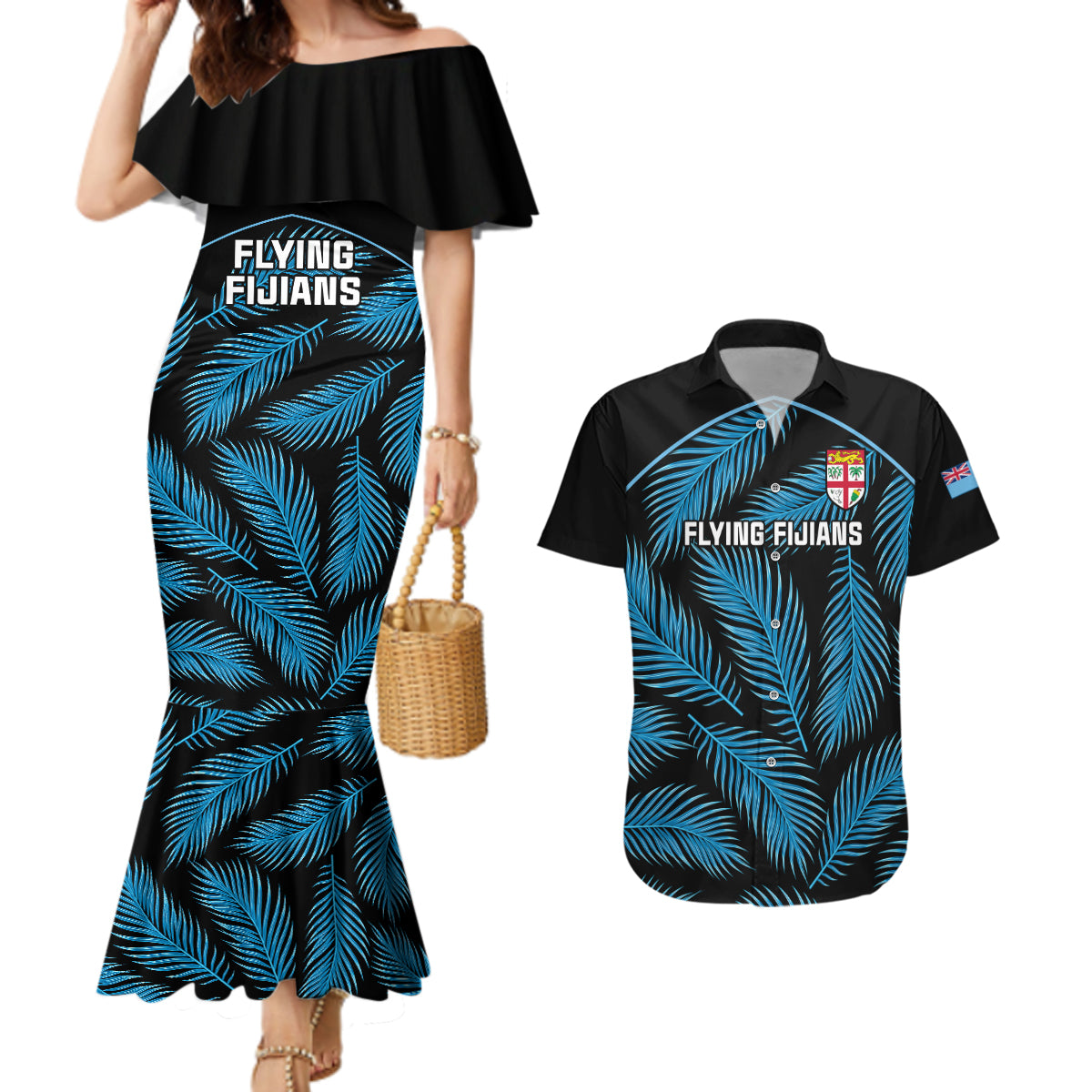 Custom Fiji Rugby Couples Matching Mermaid Dress and Hawaiian Shirt Flying Fijians Blue Palm Tree Version - Wonder Print Shop