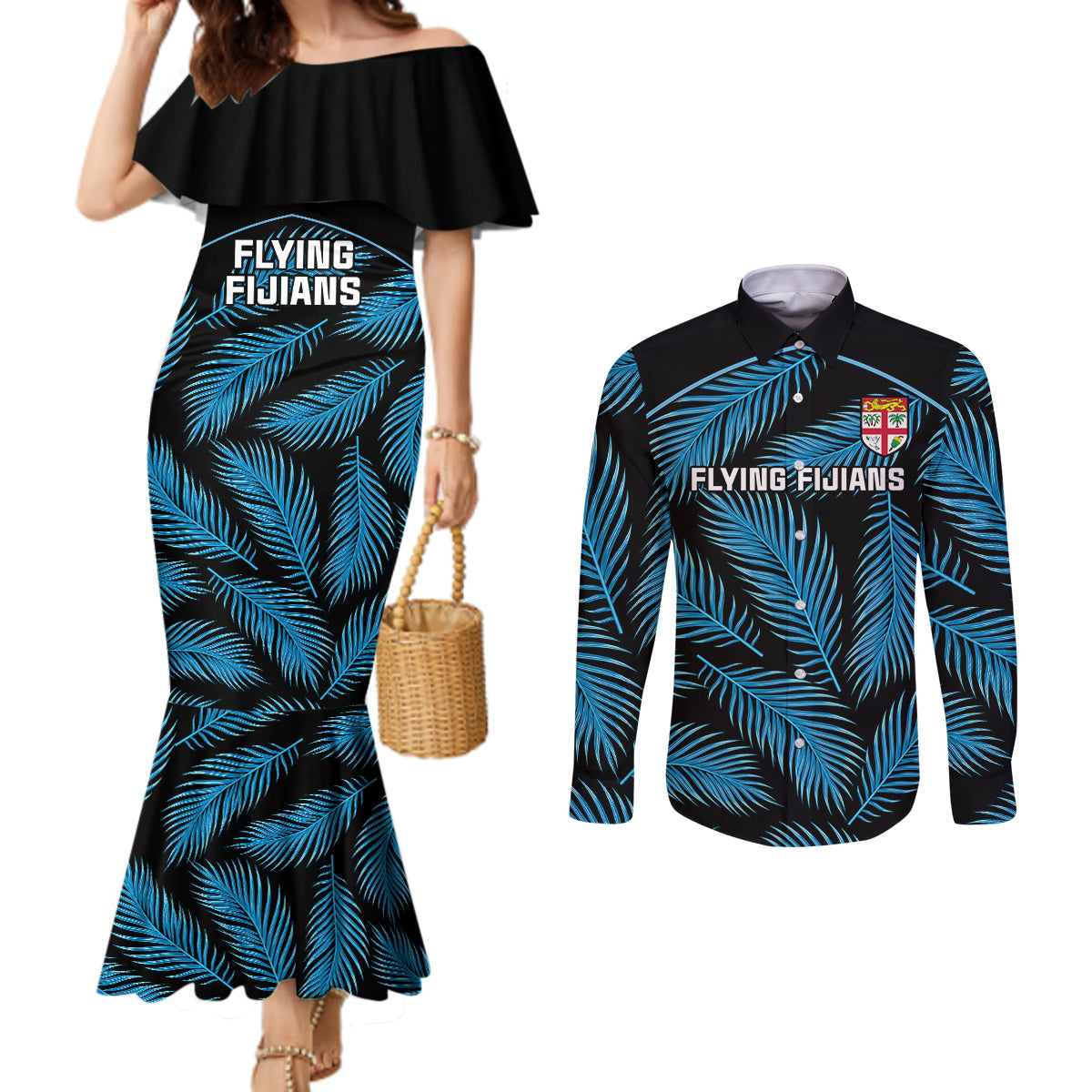 custom-fiji-rugby-couples-matching-mermaid-dress-and-long-sleeve-button-shirts-flying-fijians-blue-palm-tree-version