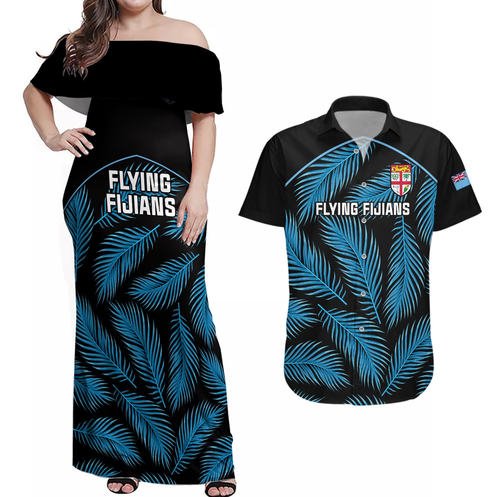 Custom Fiji Rugby Couples Matching Off Shoulder Maxi Dress and Hawaiian Shirt Flying Fijians Blue Palm Tree Version - Wonder Print Shop