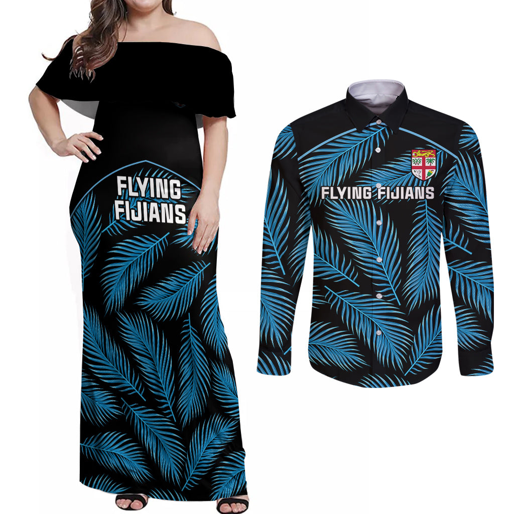 Custom Fiji Rugby Couples Matching Off Shoulder Maxi Dress and Long Sleeve Button Shirts Flying Fijians Blue Palm Tree Version - Wonder Print Shop