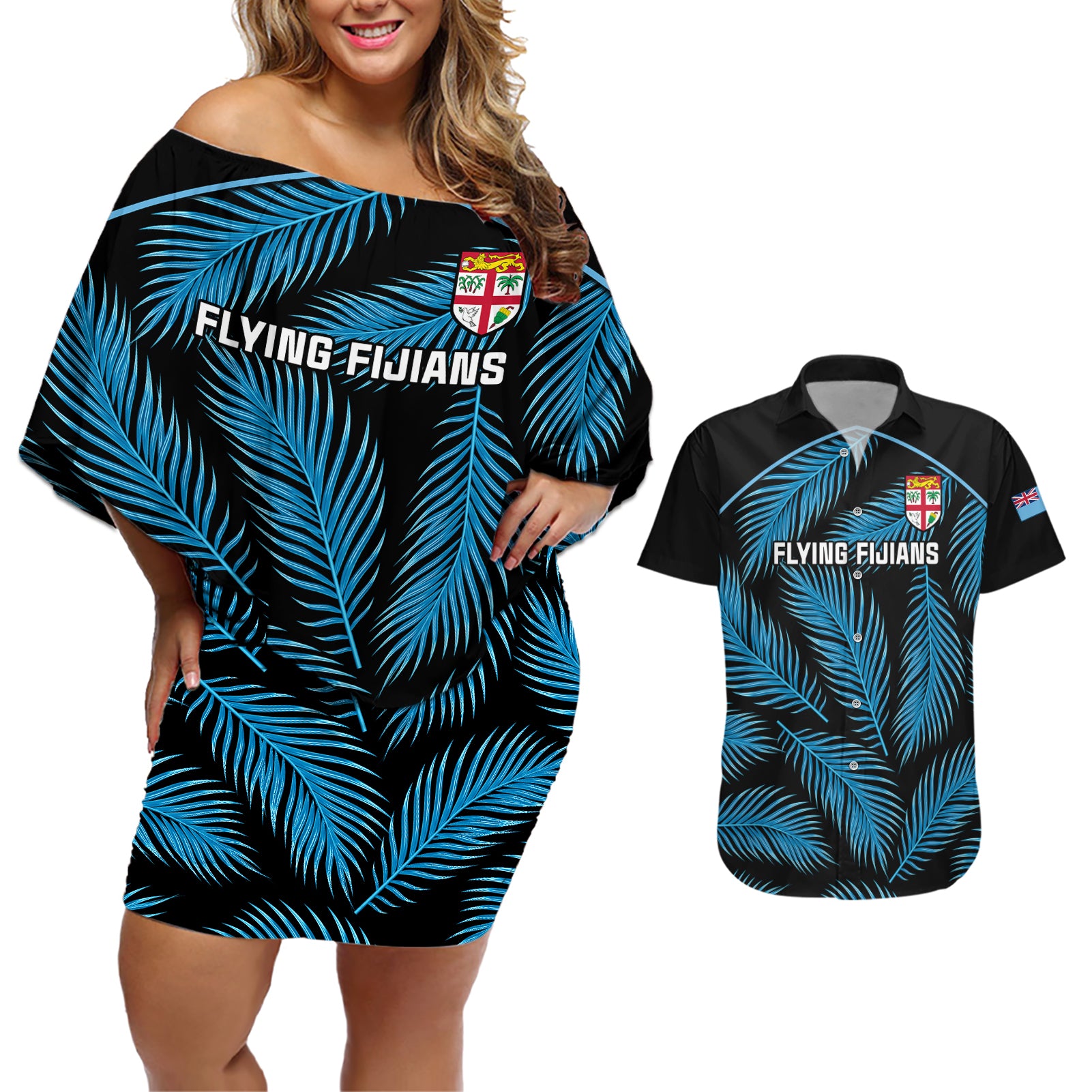 Custom Fiji Rugby Couples Matching Off Shoulder Short Dress and Hawaiian Shirt Flying Fijians Blue Palm Tree Version - Wonder Print Shop