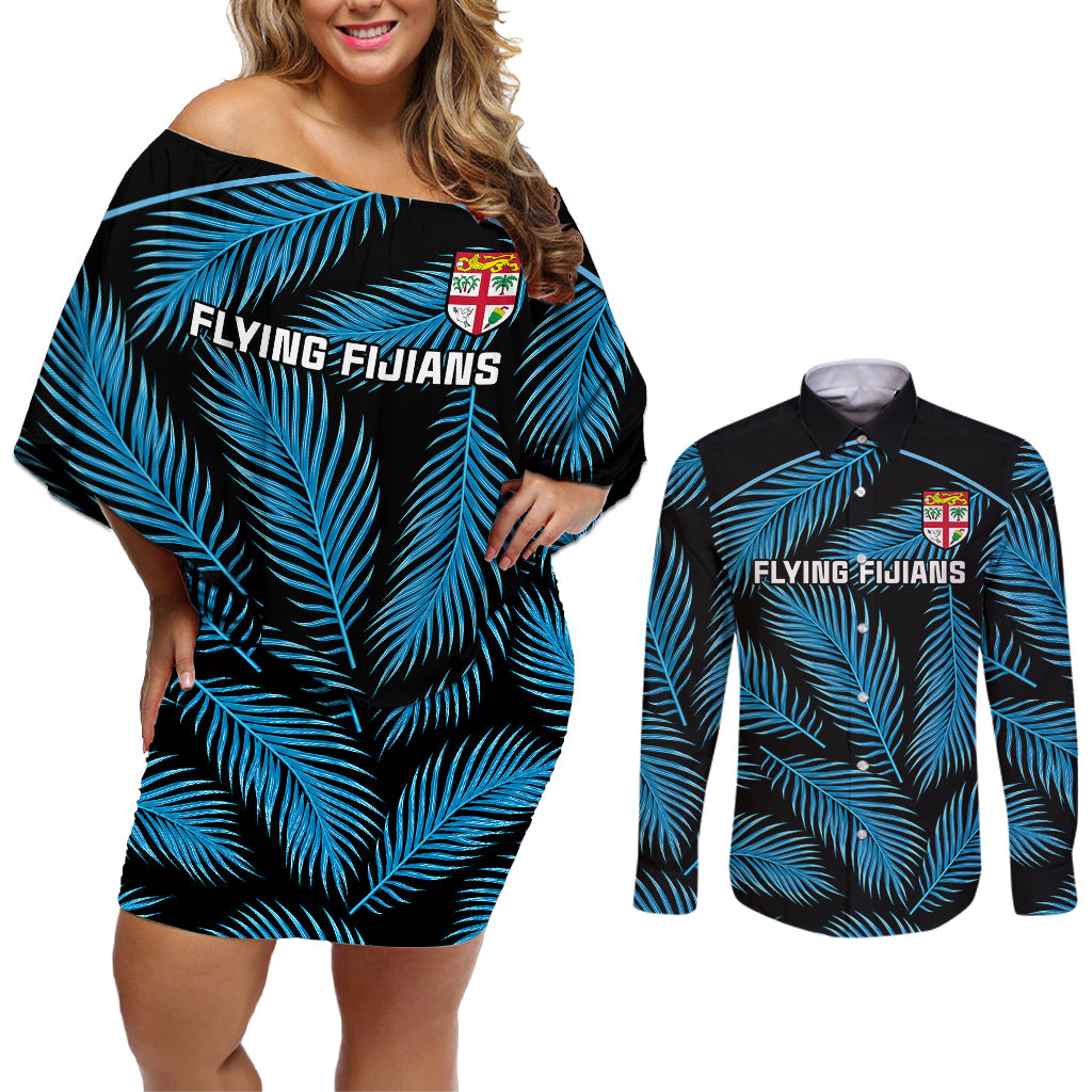 Custom Fiji Rugby Couples Matching Off Shoulder Short Dress and Long Sleeve Button Shirts Flying Fijians Blue Palm Tree Version - Wonder Print Shop