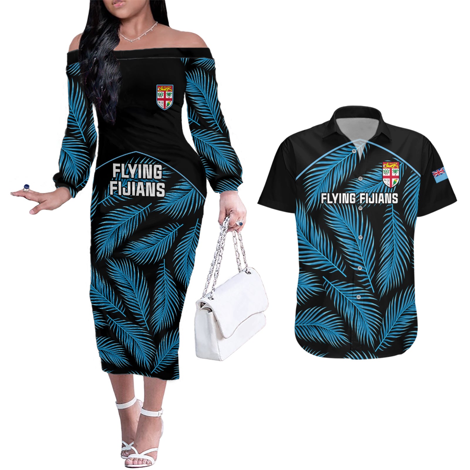 Custom Fiji Rugby Couples Matching Off The Shoulder Long Sleeve Dress and Hawaiian Shirt Flying Fijians Blue Palm Tree Version - Wonder Print Shop