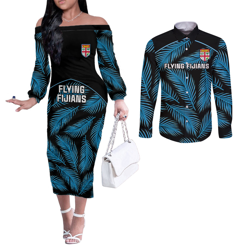 custom-fiji-rugby-couples-matching-off-the-shoulder-long-sleeve-dress-and-long-sleeve-button-shirts-flying-fijians-blue-palm-tree-version