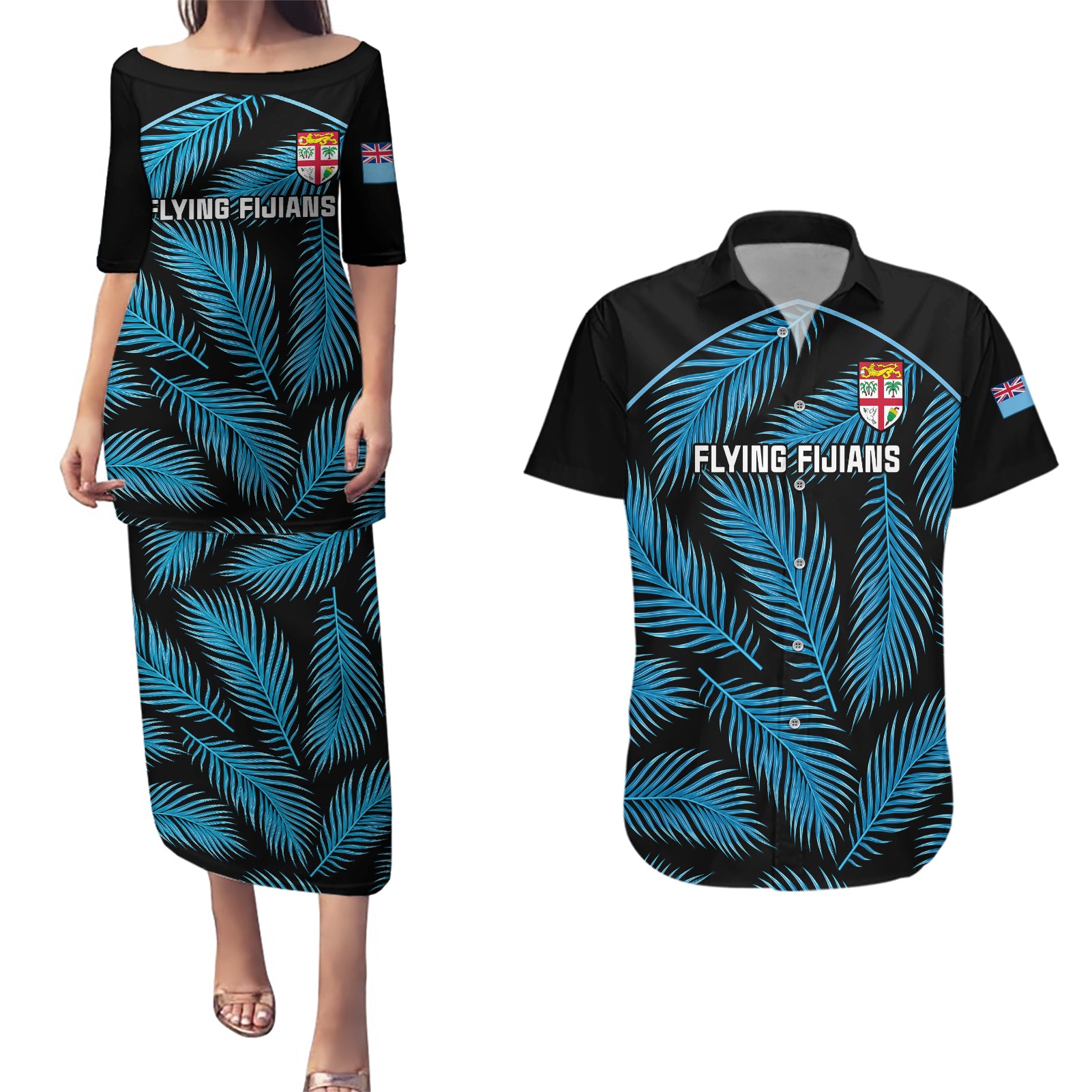 Custom Fiji Rugby Couples Matching Puletasi Dress and Hawaiian Shirt Flying Fijians Blue Palm Tree Version - Wonder Print Shop