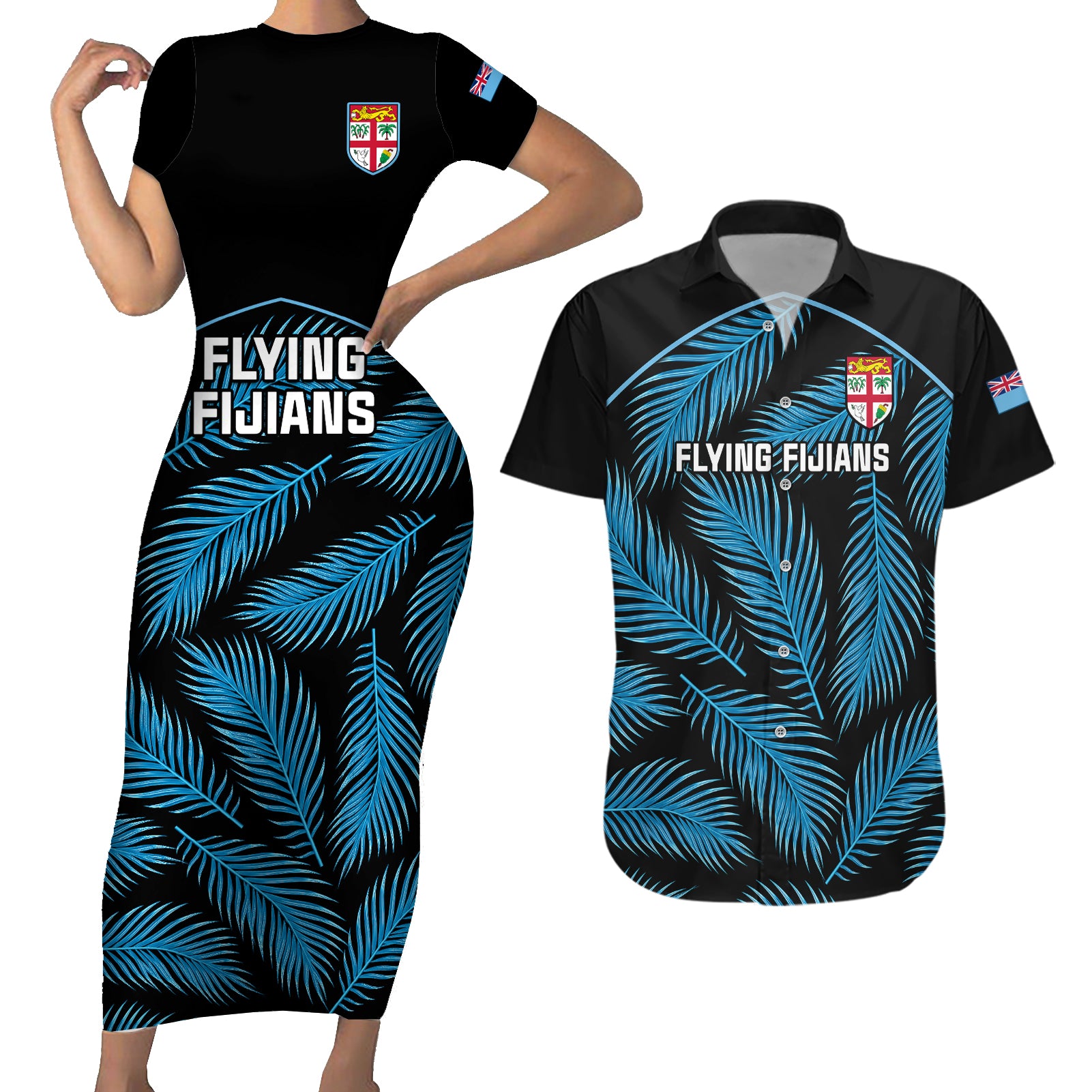 Custom Fiji Rugby Couples Matching Short Sleeve Bodycon Dress and Hawaiian Shirt Flying Fijians Blue Palm Tree Version - Wonder Print Shop